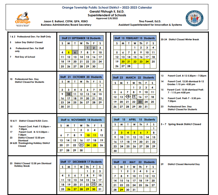   School Year 2022 - 2023 District Calendar